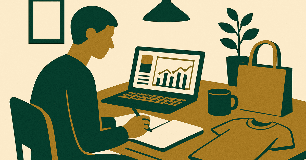 Blogger planning a print on demand product line with notebooks, mugs, shirts, and a laptop showing analytics